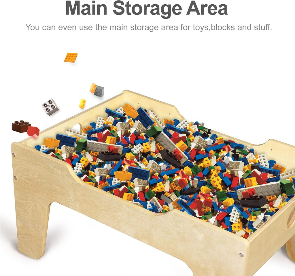 Kid's Multi-Purpose Activity Play Table with 60 Big Building Bricks and 30-Piece Wooden Train Set for Toddlers(Big-peg Baseplate Version)