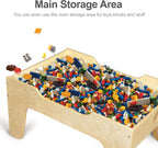Kid's Multi-Purpose Activity Play Table with 60 Big Building Bricks and 30-Piece Wooden Train Set for Toddlers(Big-peg Baseplate Version)