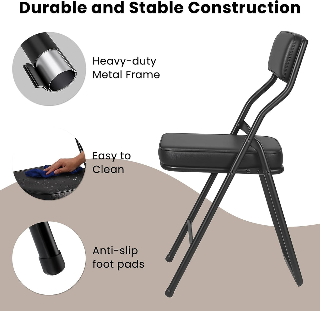 4 Pack Black Padded Folding Chairs with PU Leather Cushion and Backrest, Upholstered Foldable Dining Chair with Metal Frame for Indoor Outdoor Party Wedding Office Events, 380lbs Capacity