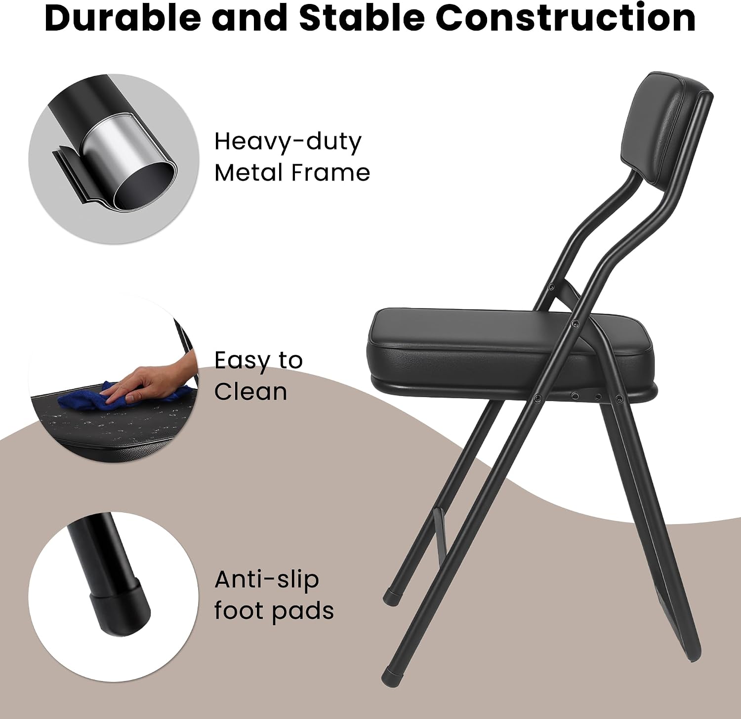 4 Pack Black Padded Folding Chairs with PU Leather Cushion and Backrest, Upholstered Foldable Dining Chair with Metal Frame for Indoor Outdoor Party Wedding Office Events, 380lbs Capacity