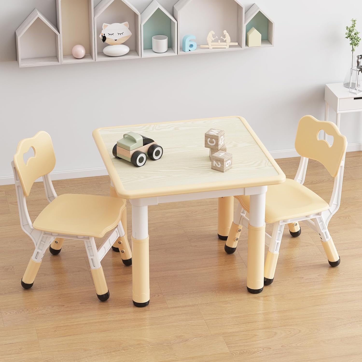 GAOMON Kids Table and 2 Chairs Set with Graffiti Desktop, Height Adjustable Toddler Table and Chairs Set for Reading, Drawing, Playing, Eating