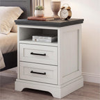 DUMOS Farmhouse Nightstand with Charging Station & USB Ports, Wood Bedside Table with 2 Spacious Storage Drawers and Open Shelf, Minimalist Modern End Table for Bedroom, White