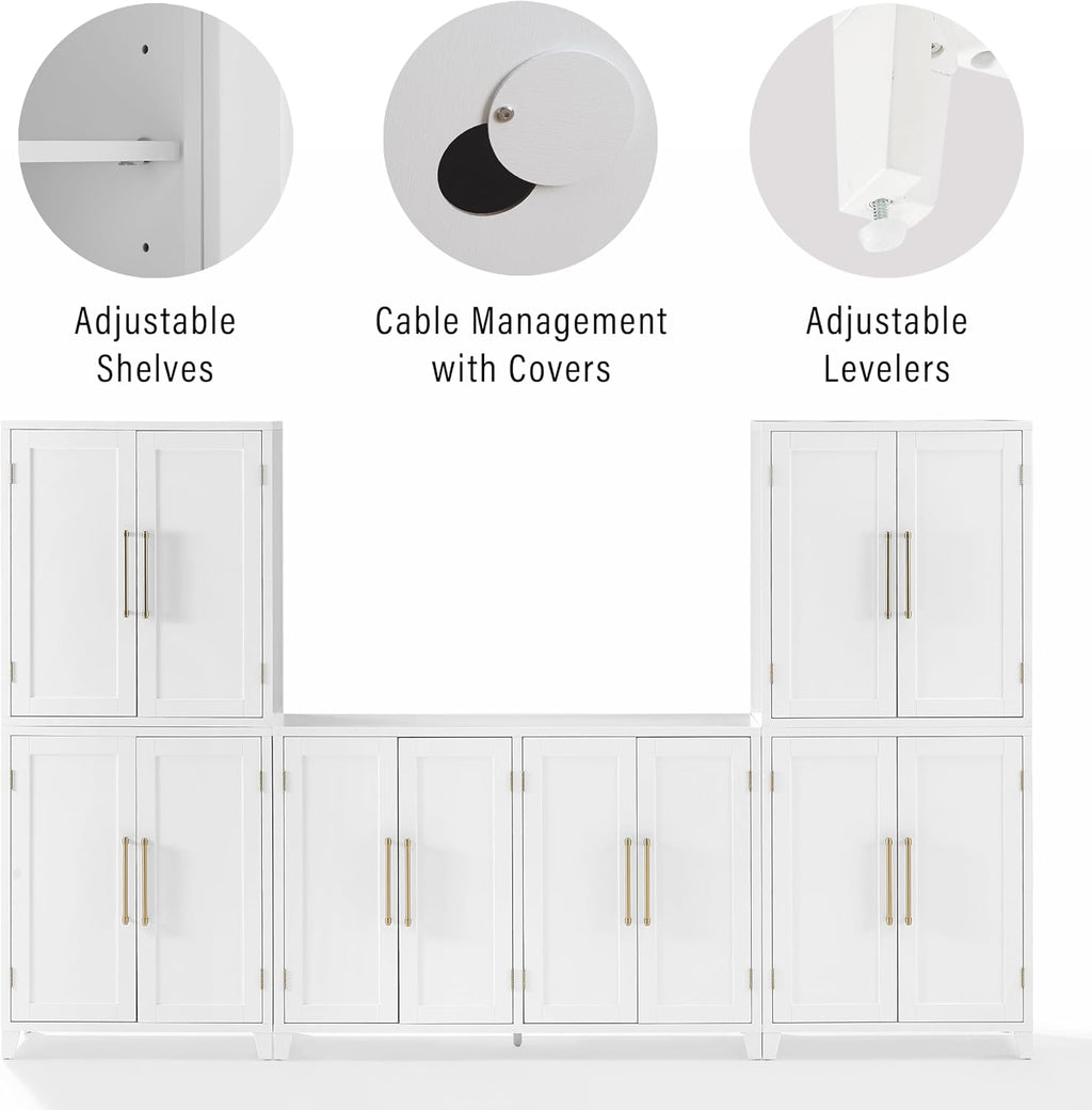Crosley Furniture Roarke 3-Piece Modern Sideboard Buffet Cabinet and Kitchen Storage Pantry Set, White