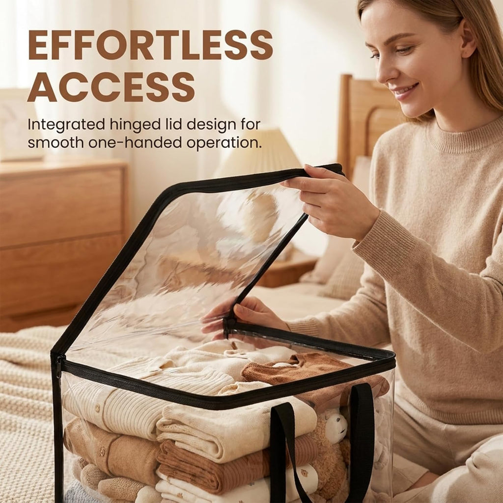 SakerPlus Large Clear Thick Plastic Storage Box with Hinged Lid, 15 inch Thick Plastic Book Storage Bin, Stackable Collapsible Organizer Container for Books, Files, Magazines, Bedroom (Black *3)