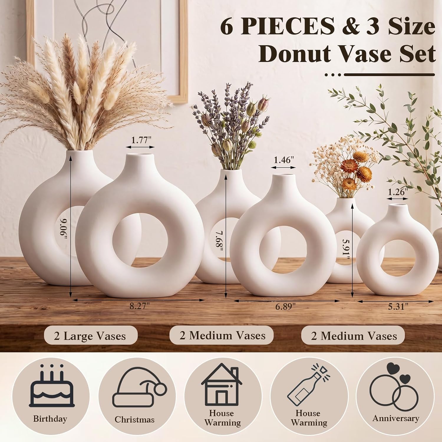 Suclain 6 Pcs White Boho Vase for Pampas Grass Plastic Modern Donut Flower Vase Minimalist Nordic for Wedding, Boho Party Decoration, Home Table Centerpiece, Floral Arrangements Living Room Decor