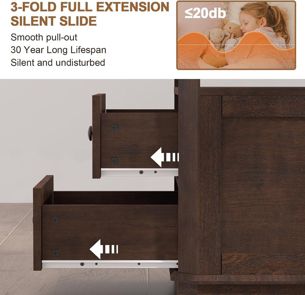 24" End Table Set of 2 with Charging Station, Rattan Drawer Sofa Side Table, Anti-Collision Corner Wooden Nightstand for Living Room Bedroom Office