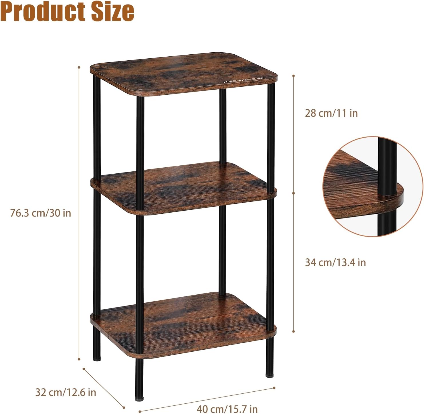 30 Inch Tall End Table with 3-Tier Storage, Slim Narrow Nightstand for Living Room, Bedroom, Sofa & Small Spaces, Lightweight, Rustic Brown
