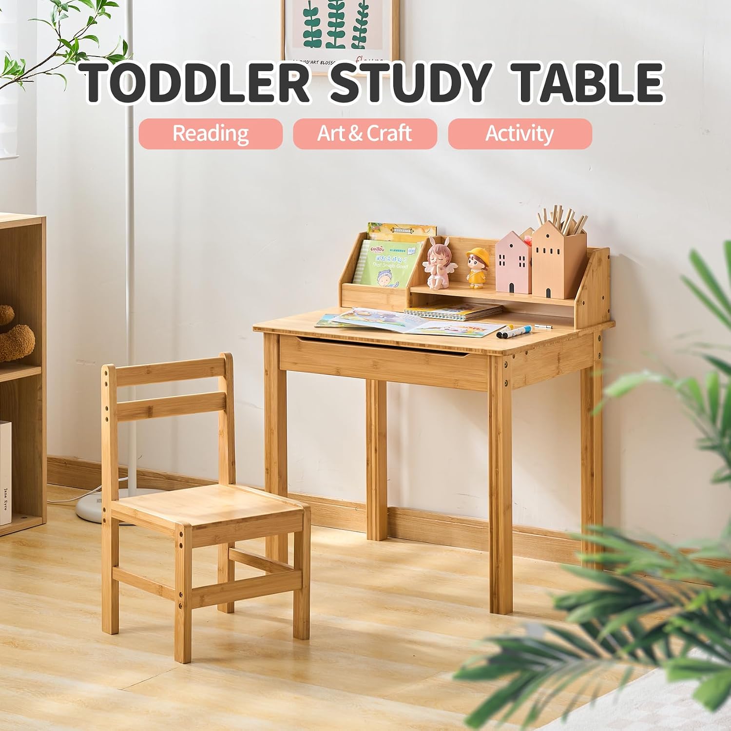 UNICOO Bamboo Toddler Desk and Chair Set with Lift-Top Storage, Kids Study Table with Hutch and Bookshelf, Writing Reading Art Desk for Boys and Girls Ages 3-8