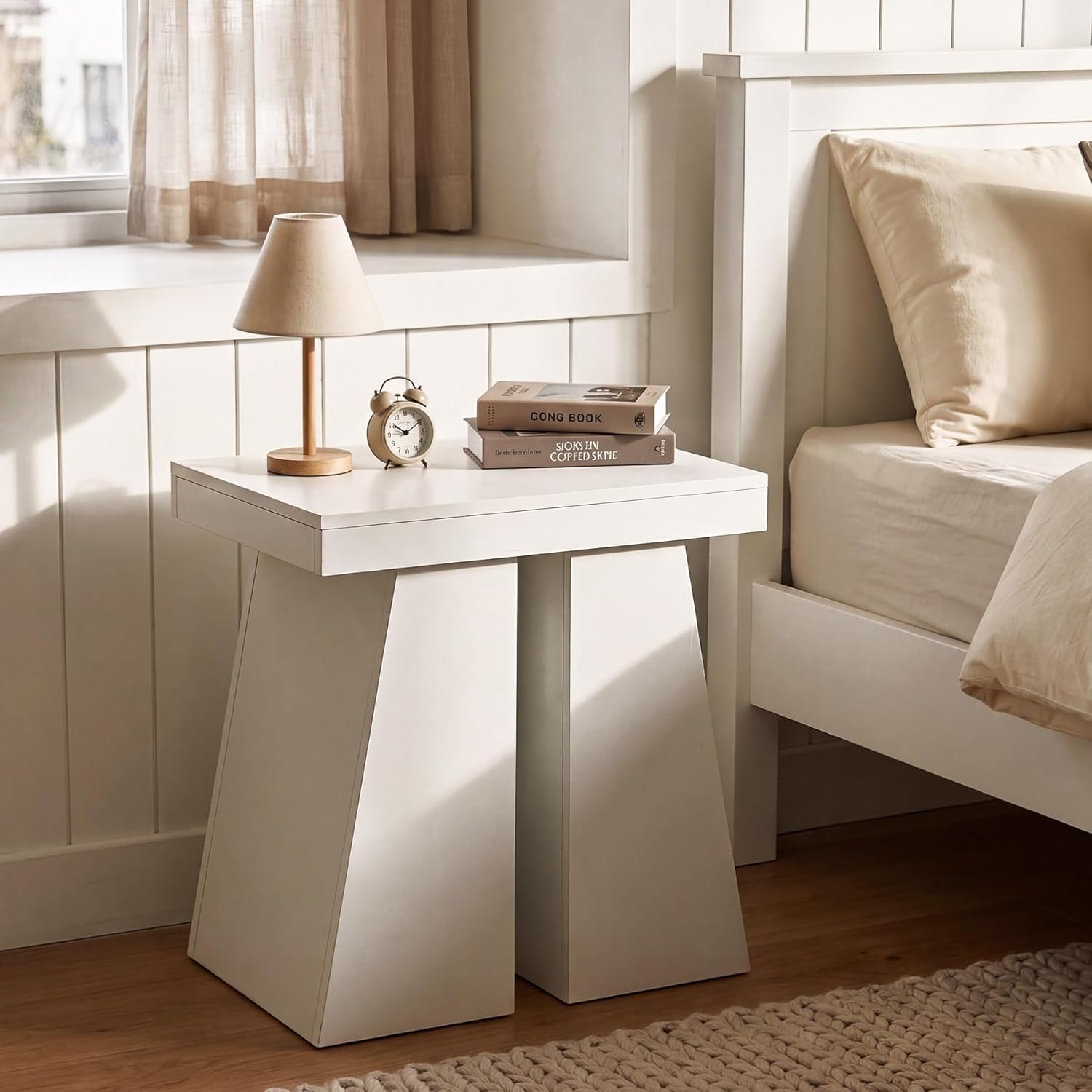 LITTLE TREE End Table for Couch, 24" Large Wooden End Table with Trapezoid Base, Tall Wood Sofa Side Table, Farmhouse Nightstand for Bedroom, Living Room, White