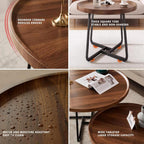 Round Nesting Coffee Table Set of 2, 28" Round Walnut with Fluted,Mid Century Modern,Center for Living Room Bedroom Office Balcony Yard
