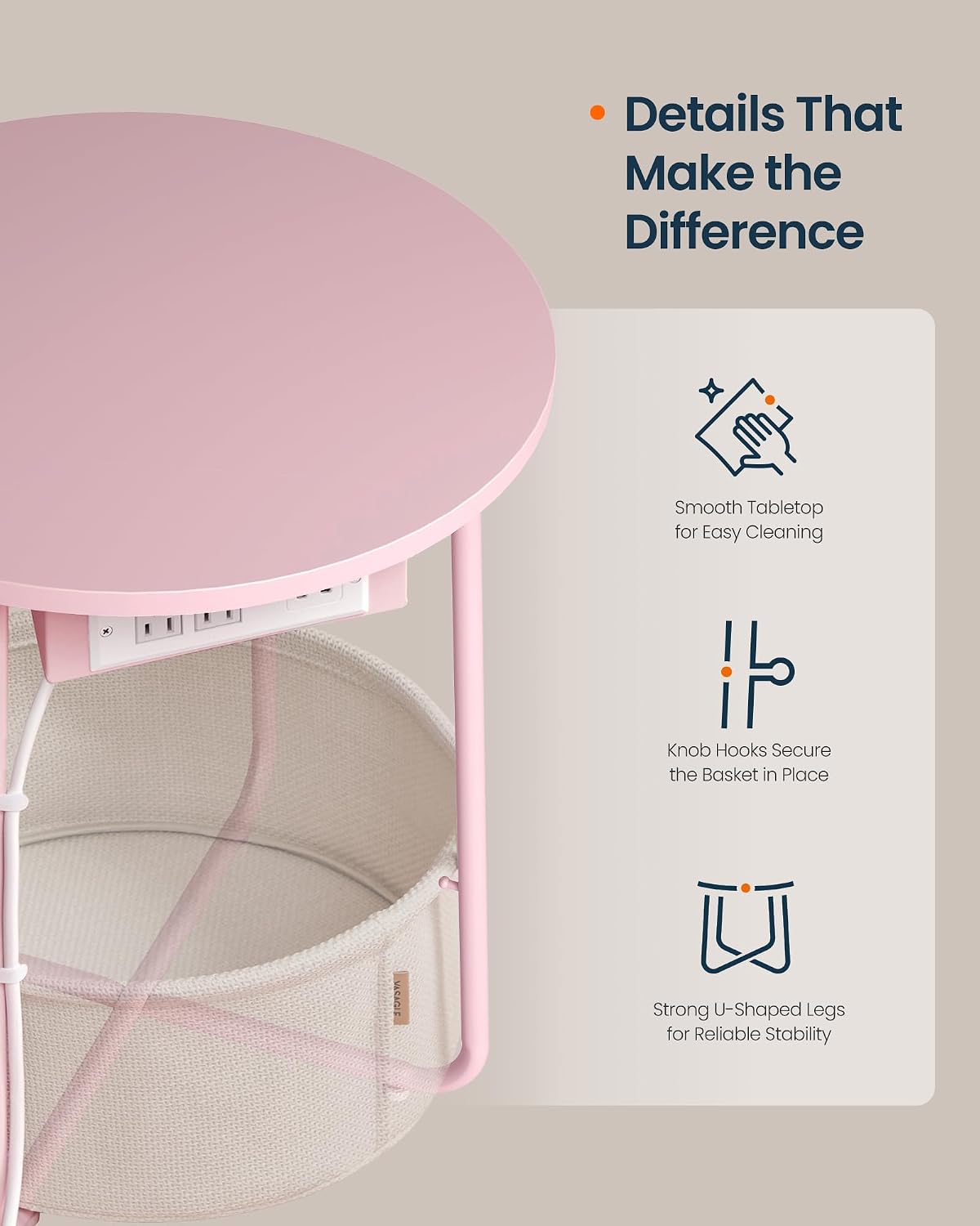 SONGMIC HOME Round Side End Table, Nightstand with Charging Station and Fabric Basket, for Living Room, Pink and White