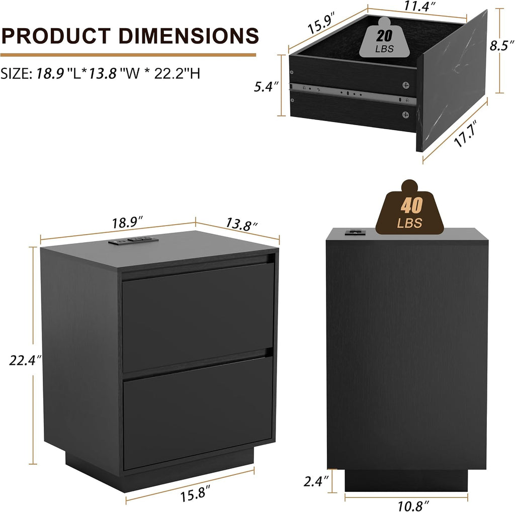 Anbuy LED Nightstand with 2 Drawers & Power Outlets, Nightstand Set of 2 with Lights, Bedside Table Modern End Table with Variable Color Lights for Bedroom, Living Room Black Marble