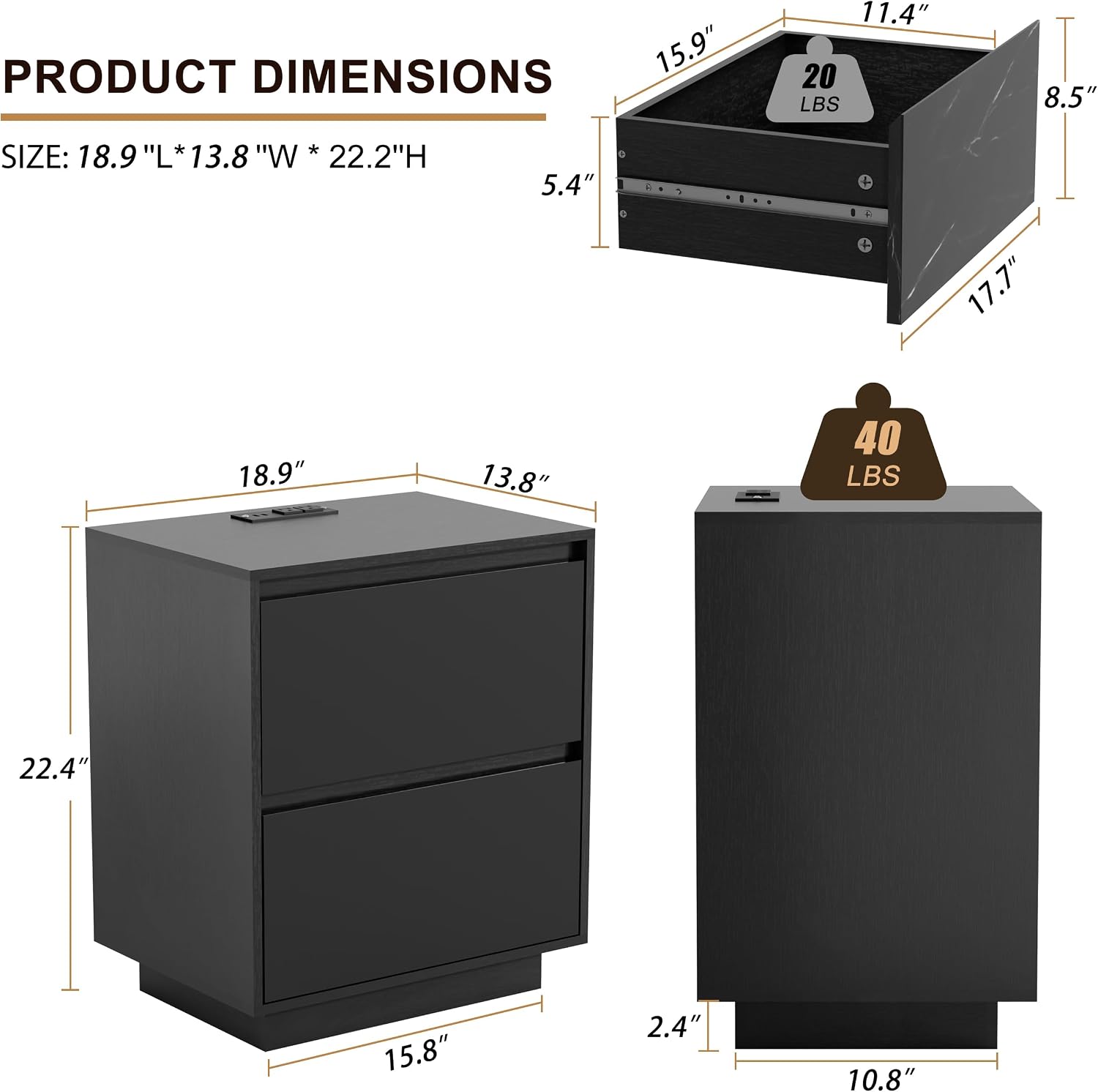 Anbuy LED Nightstand with 2 Drawers & Power Outlets, Nightstand Set of 2 with Lights, Bedside Table Modern End Table with Variable Color Lights for Bedroom, Living Room Black Marble