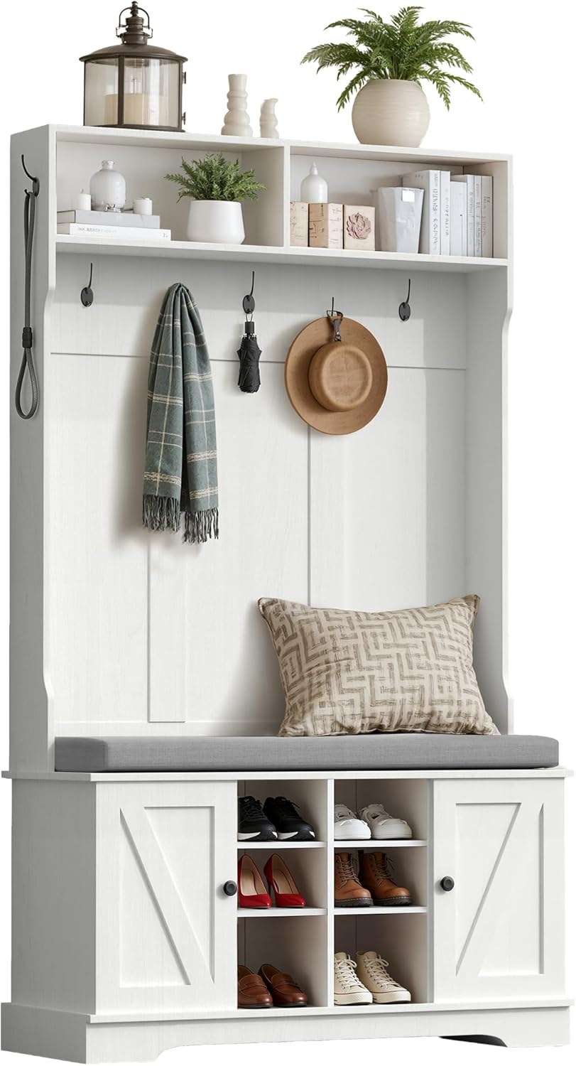 71" Hall Tree with Bench and Shoe Storage, Entryway Hall Tree with 2 Doors and 6 Adjustable Shelves, Cushioned Storage Bench with Coat Rack for Hallway, Living Room, Mudroom