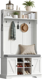 71" Hall Tree with Bench and Shoe Storage, Entryway Hall Tree with 2 Doors and 6 Adjustable Shelves, Cushioned Storage Bench with Coat Rack for Hallway, Living Room, Mudroom
