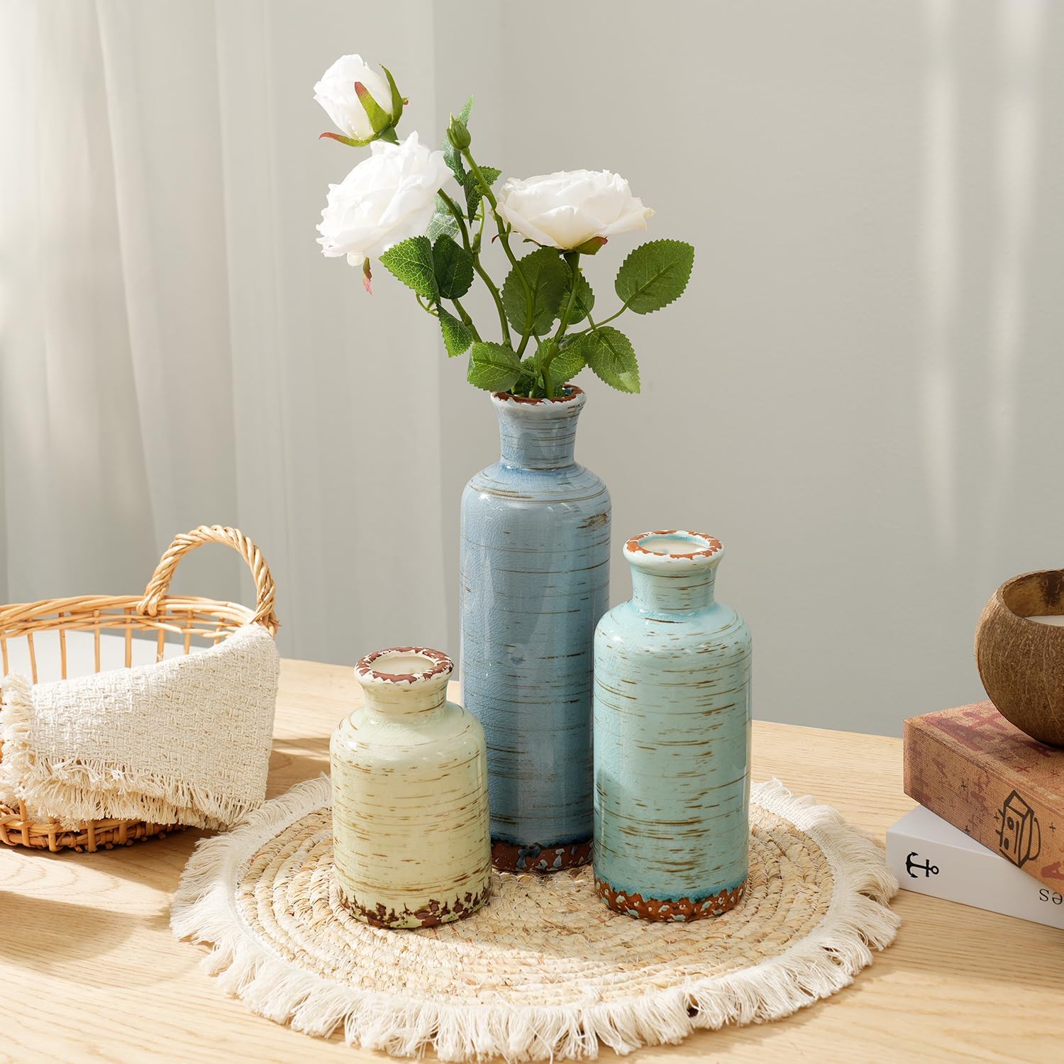 Vintage Ceramic Flower Vase Set of 3, Rustic Farmhouse Vase for Home Decor, Distressed Decorative Vase for Table Entryway Mantel Centerpiece Living Room Bathroom Bedroom (Pale Teal Wood)