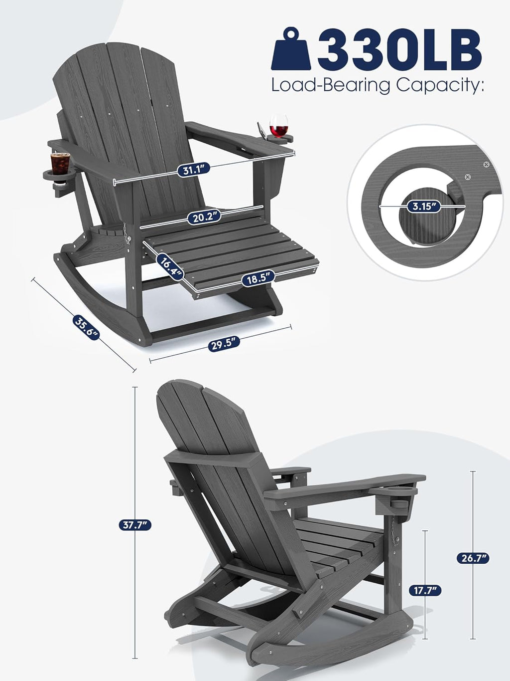 KINGYES Adirondack Rocking Chair Set of 2 with Retractable Ottoman and Cup Holders, HDPE Adirondack Rocker Patio Rocking Chair for Porch, Patio, Balcony, Leaden Grey