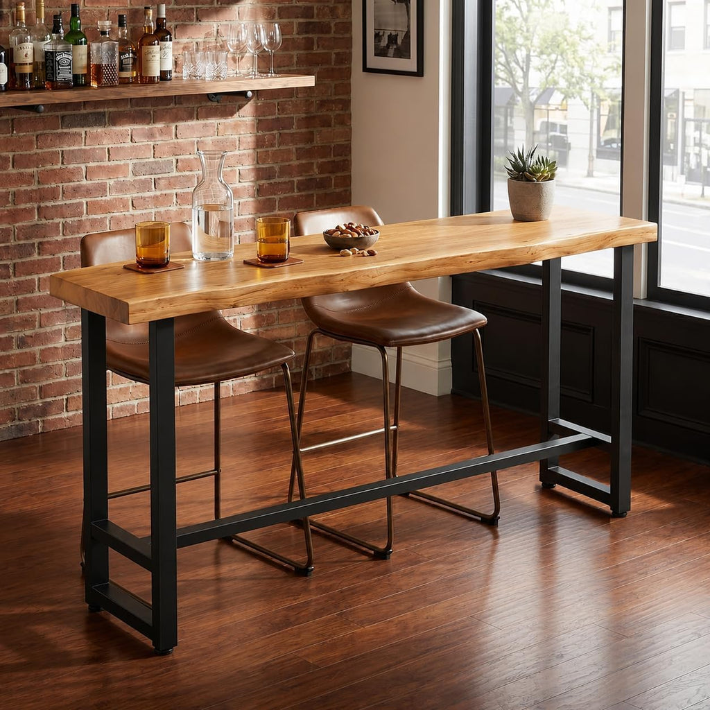 Solid Pine Wood Bar Table 47.2" - Industrial Counter Height Pub Table with Heavy Duty Steel Frame - Narrow High Top Table for Kitchen Island Home Bar & Small Spaces - Rustic Farmhouse (No Stools)