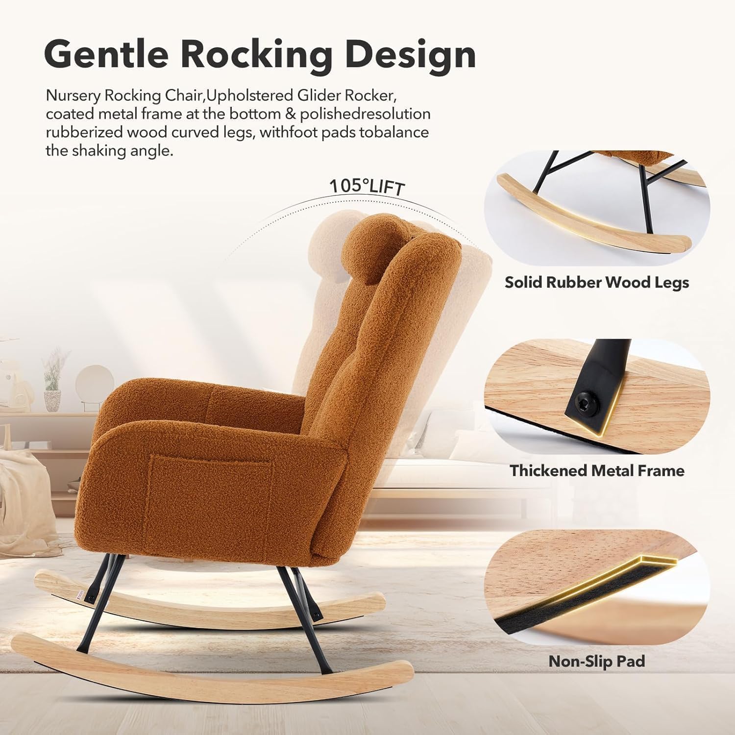 Nursery Rocking Chair, Upholstered Baby Fluffy Glider Rocker, Reading Chair with High Backrest, Comfy Chairs for Living Room, Bedroom, Nursing