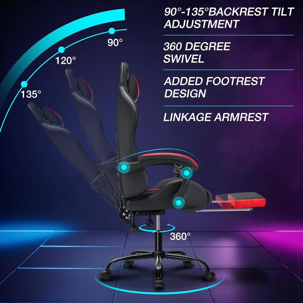 HOFFREE Gaming Chair Massage with LED RGB Lights and Footrest Ergonomic Computer Chair High Back Video Game Chair with Adjustable Lumbar Support Linkage Armrest Red and Black