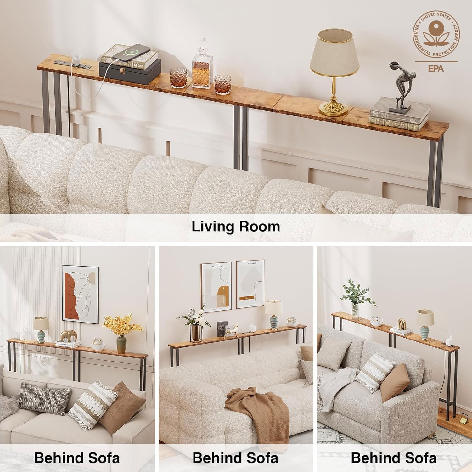 Keelian 78" Narrow Console Sofa Table with Power Outlets & 2 USB Ports, Metal Frame, Rustic Brown, Perfect for Hallway, Office, and Behind Sofa - Easy Assembly, 4.9' Extension Cord Included