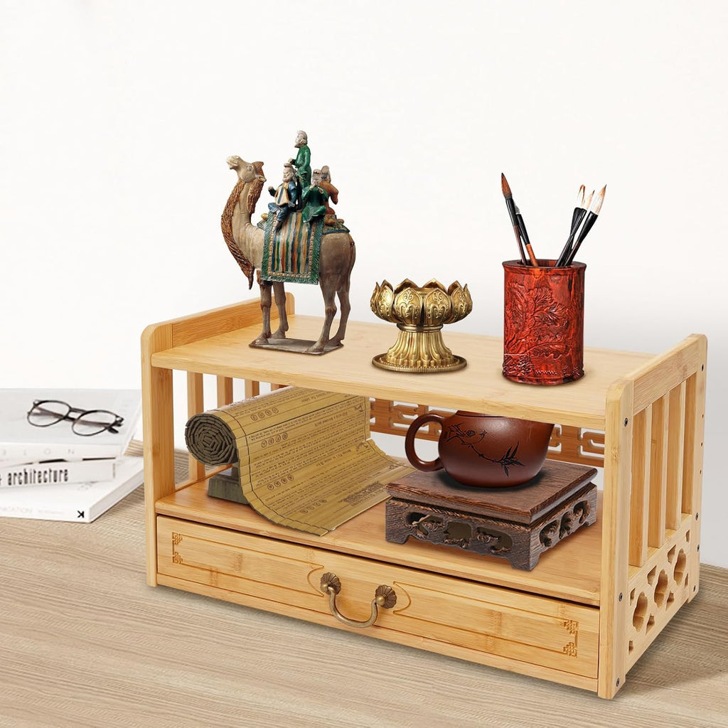 Meditation Storage Table, Altar Table with Drawer, Puja Table Perfect for Home Used, for Meditation Prayers, Desktop Organizer Bamboo Furniture, for Displaying Jars, Plants and Books (Wood Color)
