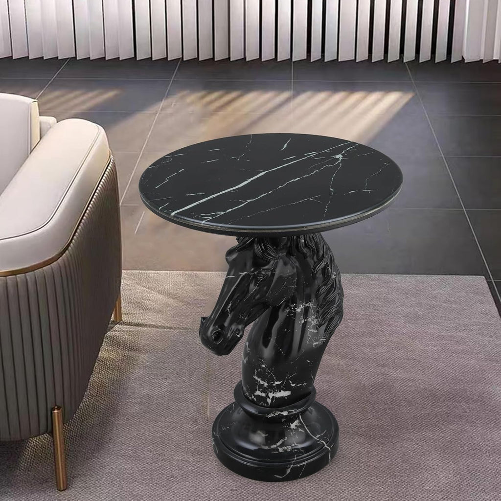 Horse Head Accent Side Table, Unique Animal End Table with Round Faux Marble Top, Animal Statues for Home Decor, Modern Classical Floor Statue for Living Room Bedroom Entryway (Horse Head-B)