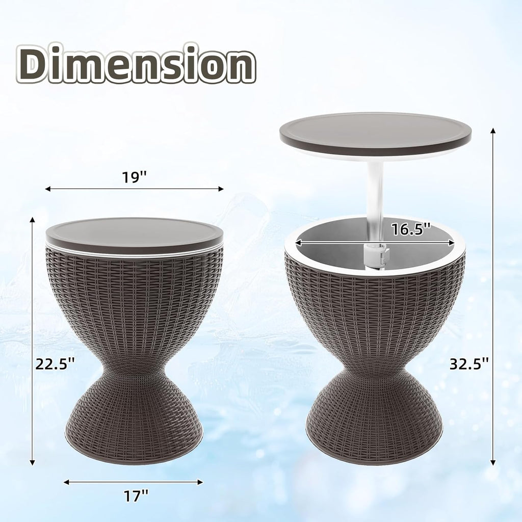 Patio Cool Bar Table, Height-Adjustable Outdoor Bar Tables 8 Gallon Beer and Wine Cooler, 3-in-1 Rattan Style Ice Cooler with Drainage Plug for Pool Party (Grey)