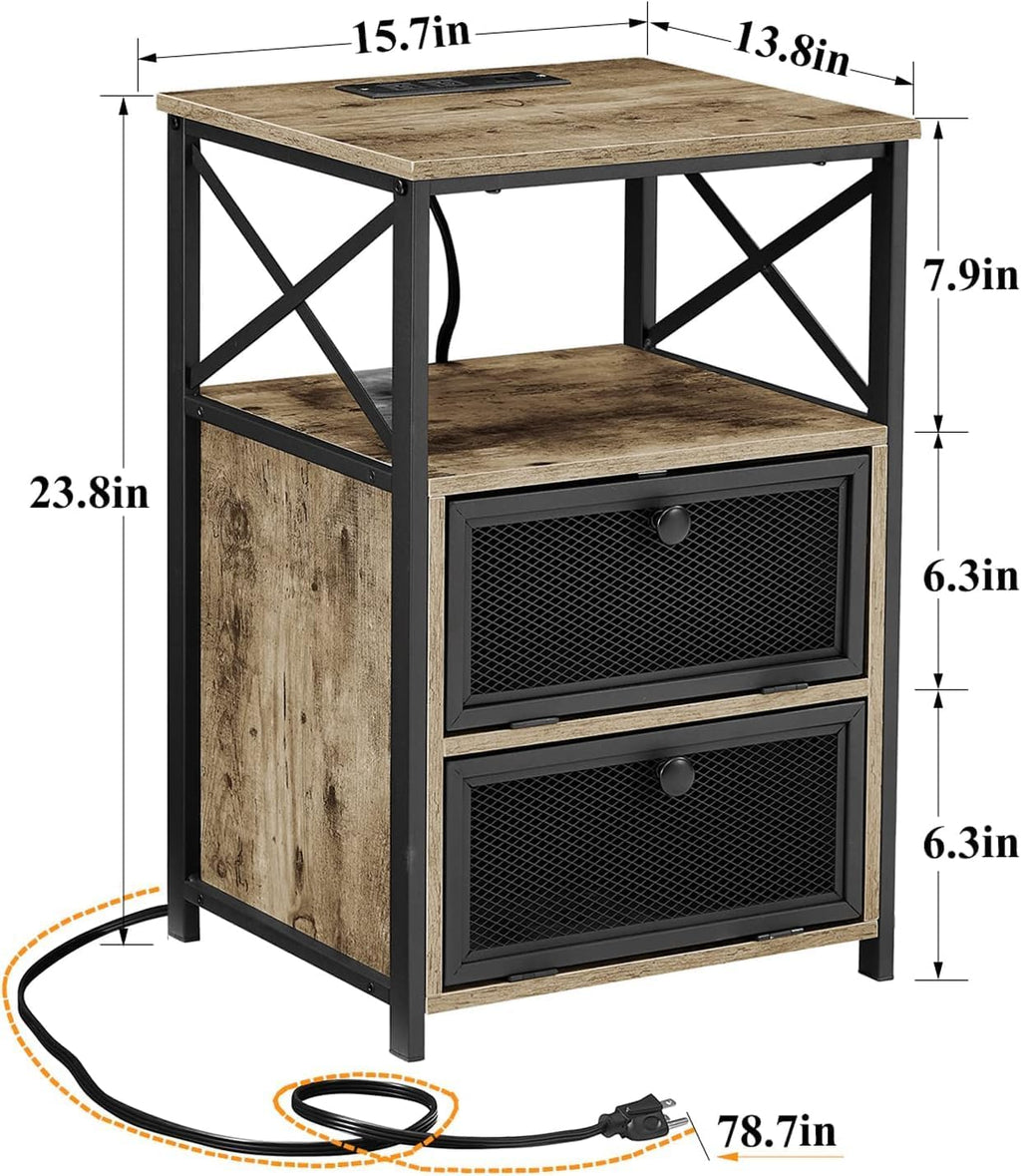 VECELO Dust Grey End Table with USB Ports and Outlets,24 Inch Nightstands with Charging Station and Storage Shelf for Bedroom,Living Room, 1 Set