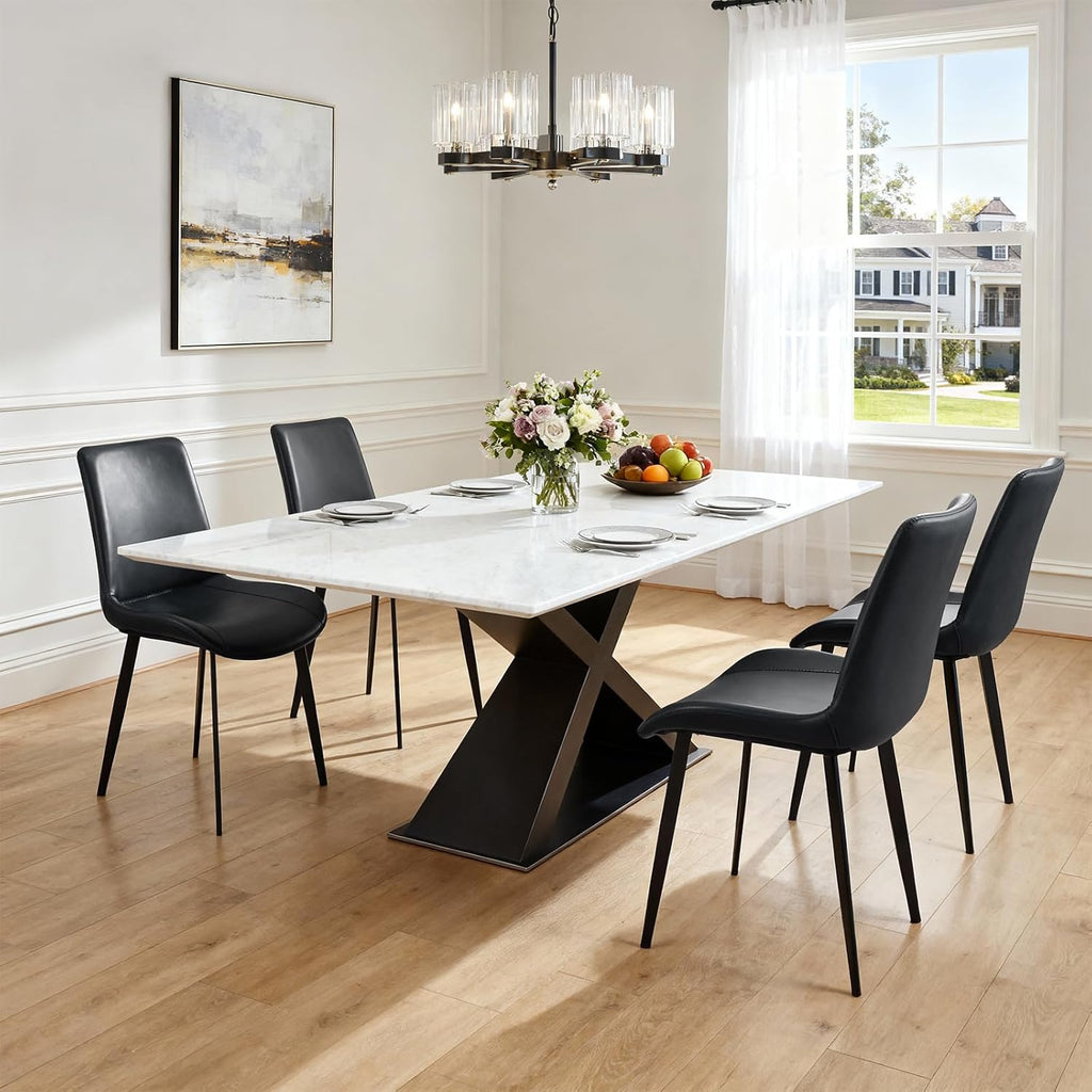 Modern Dining Chairs Set of 6, PU Leather Dining Room Chairs, Upholstered Kitchen Chairs with Ergonomic Backrest & Sturdy Metal Legs, Perfect for Dining Room, Living Room, Black