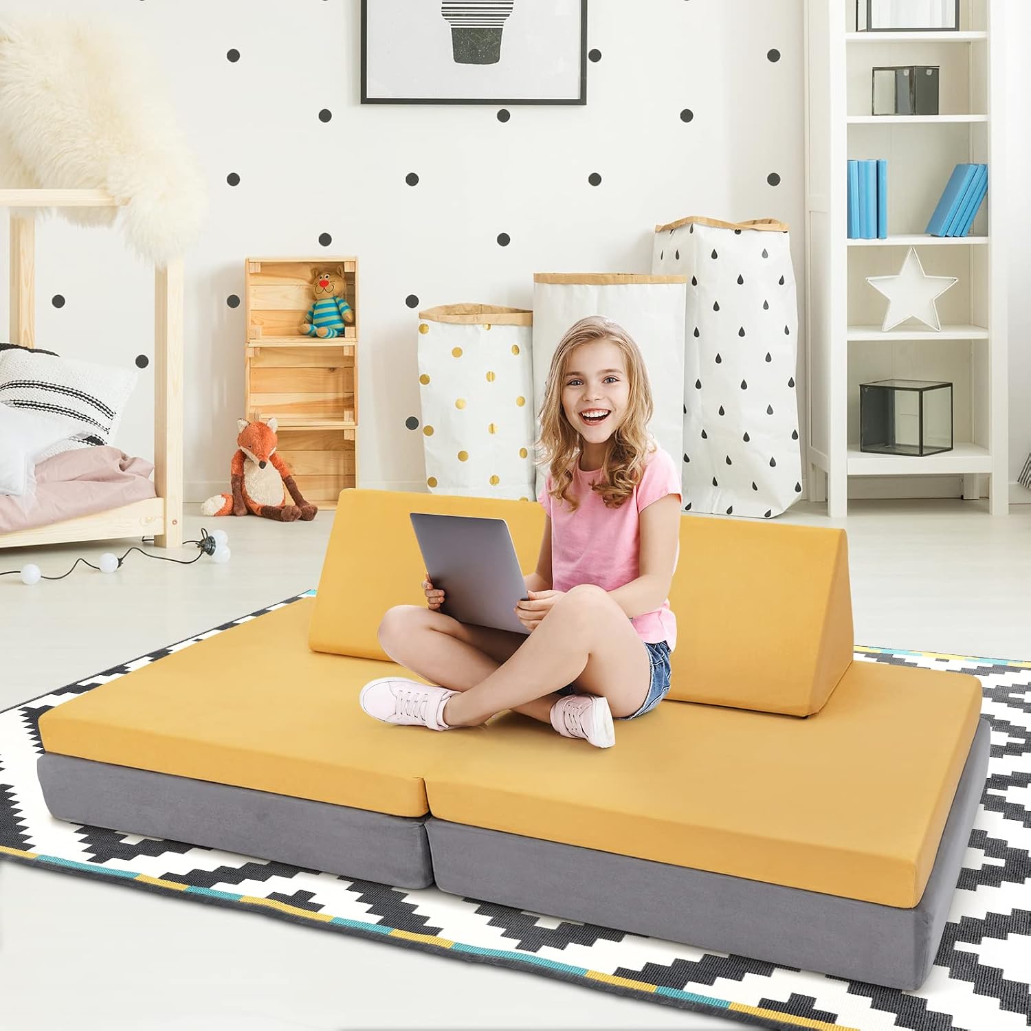 Costzon Kids Couch, 6-Piece Convertible Children's Sofa Playset or 2 Chair w/Folding Mats & 2 Pillows, Washable Cover, Toddler to Teen Bedroom Playroom Boys Girls Birthday (Yellow)