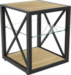 Modern Industrial End Table Nightstand with Tempered Glass Top & Natural Wood MDF, 3-Tier Storage, X-Frame Metal Base, Space-Saving Side Table for Bedroom & Living Room