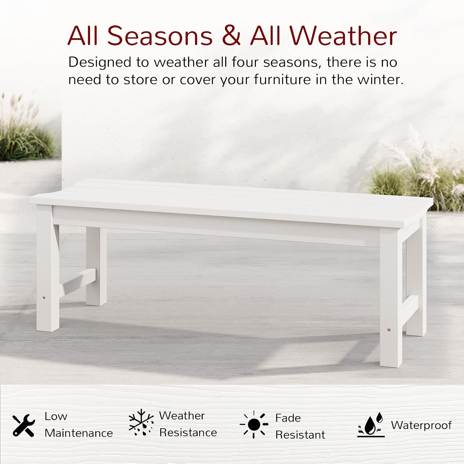 Stoog Outdoor Bench, 2-Person Patio Backless Bench, All-Weather HIPS Garden Bench with 800 lbs Weight Capacity, Never Rot or Fade, for Backyard, Porch and Park, White