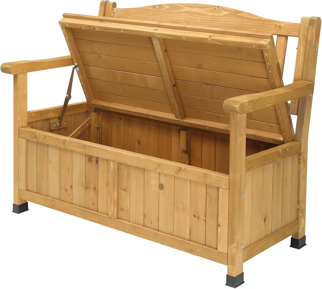 Fir Wood Outdoor Storage Bench, 2-Seater High Backrest Patio Loveseat with Armrest, Large Waterproof Deck Storage Box, Multipurpose Weather Resistant Organizer Bench