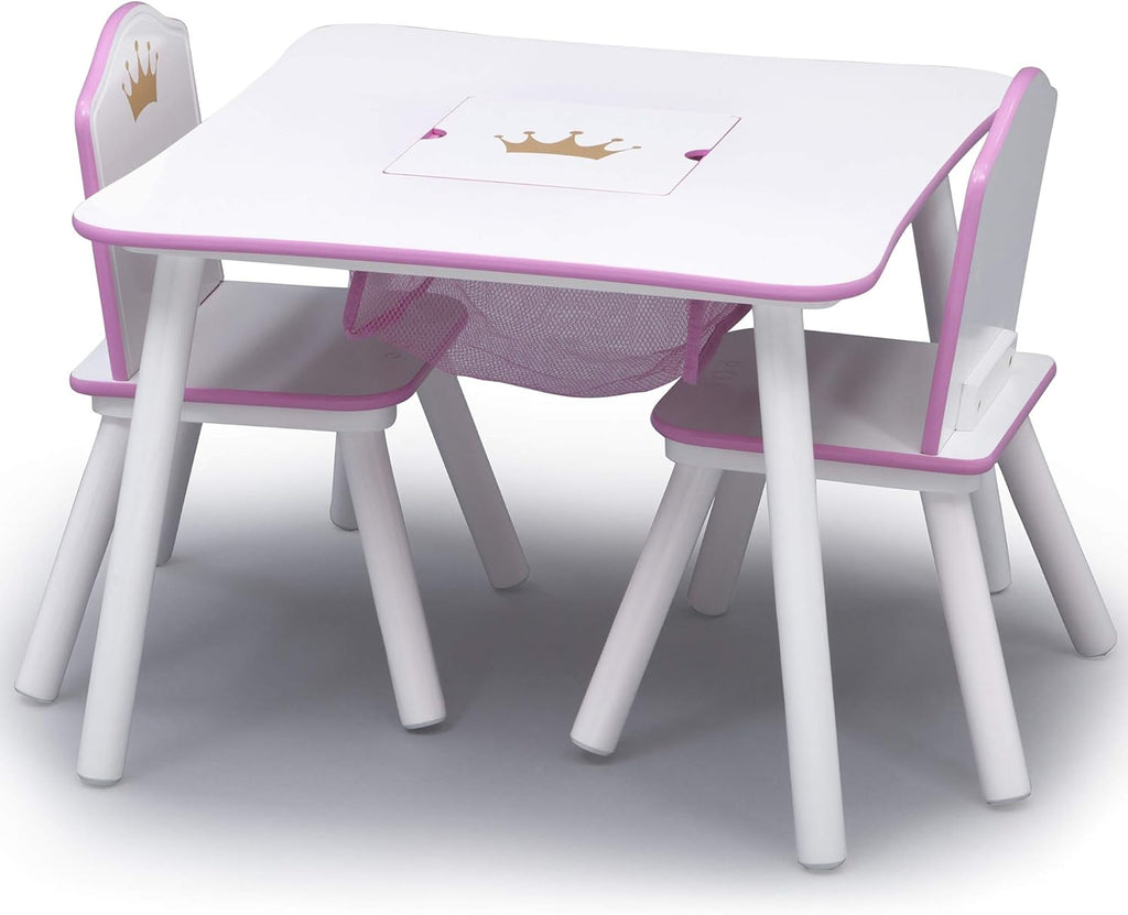Delta Children Princess Crown Kids Wood Table and Chair Set with Storage - Greenguard Gold Certified, White/Pink