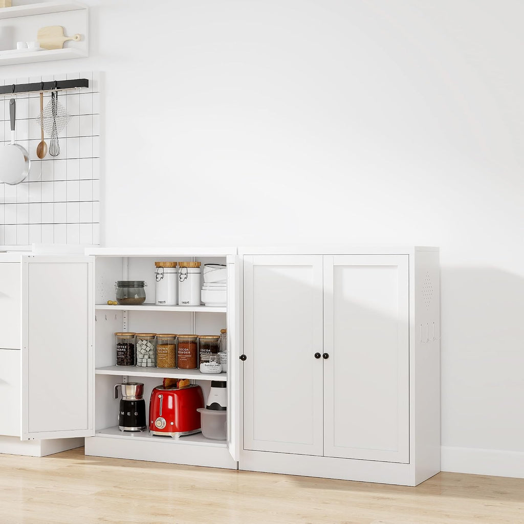 Kitchen Pantry Storage Cabinet, 34" H Storage Cabinet with Doors and Adjustable Shelves, Small Cupboard with Round Handles, Metal Kitchen Cabinet for Dining Room, Living Room, White