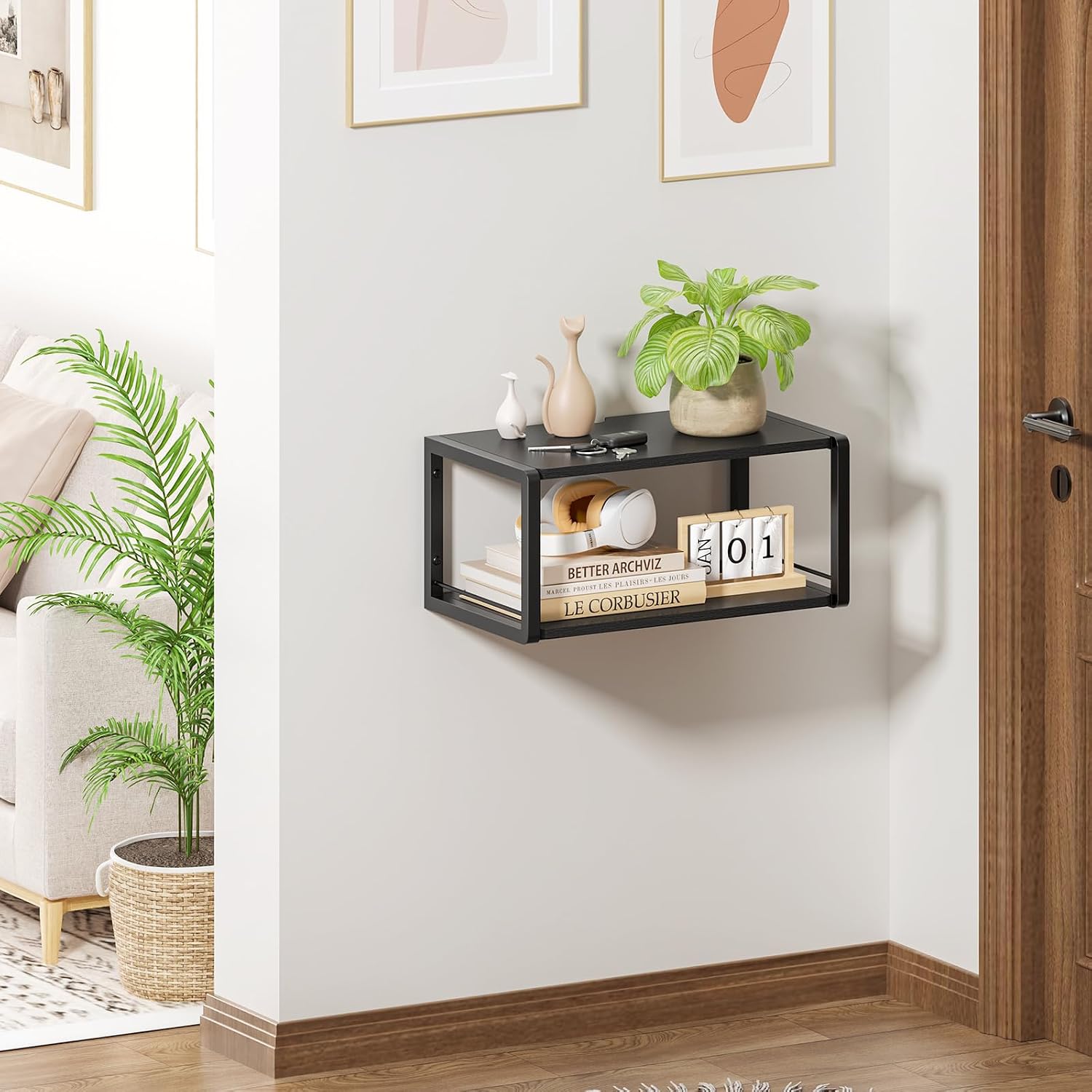 Floating Nightstand, Wood Bedside Shelf Wall Mounted Nightstand with Heavy-Duty Frame, Floating Bedside Table for Bedroom, Bathroom, Kitchen, (Vintage Black, 1 Pack)