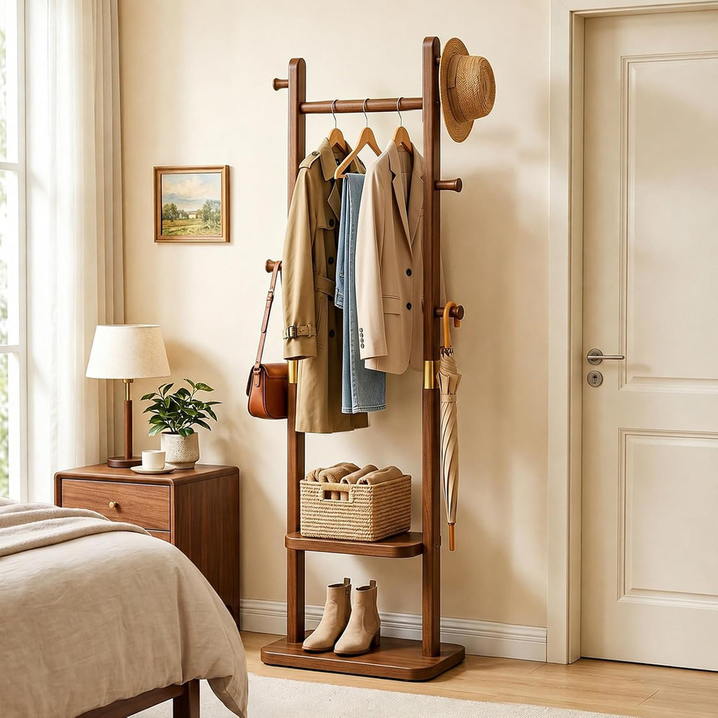 Taitiy Solid Wood Coat Rack, Freestanding Clothing Rack with 2 Shelves Storage & 5 Hooks, Heavy Duty Clothes Rack Stand for Hall, Bedroom, Living Room