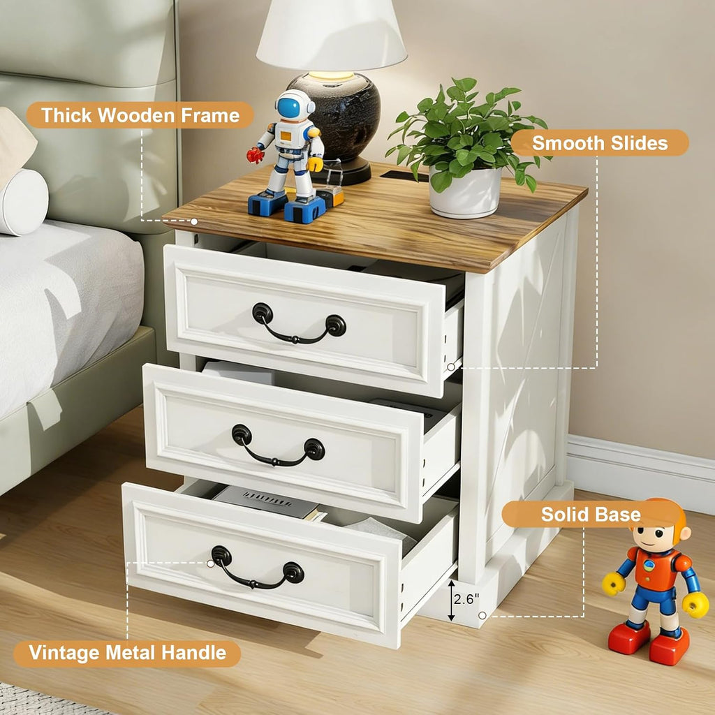MUUEGM Night Stand with Charging Station Set of 2 Rustic White Bedside End Tables with 3 Large Storage Drawers & Vintage Handles Dresser Chest of Drawers for Bedroom, Living Room, Closet