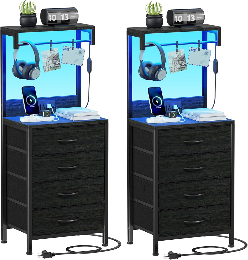 Furnulem Nightstands Set of 2, 38" Tall Bedside Table with Charging Station | Charging Station & RGB LED Lights, 4 Fabric Drawers & Storage Wood Shelves, Metal Frame, Black Night Stand for Bedroom Dorm