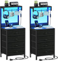 Furnulem Nightstands Set of 2, 38" Tall Bedside Table with Charging Station | Charging Station & RGB LED Lights, 4 Fabric Drawers & Storage Wood Shelves, Metal Frame, Black Night Stand for Bedroom Dorm