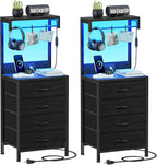 Furnulem Nightstands Set of 2, 38" Tall Bedside Table with Charging Station | Charging Station & RGB LED Lights, 4 Fabric Drawers & Storage Wood Shelves, Metal Frame, Black Night Stand for Bedroom Dorm