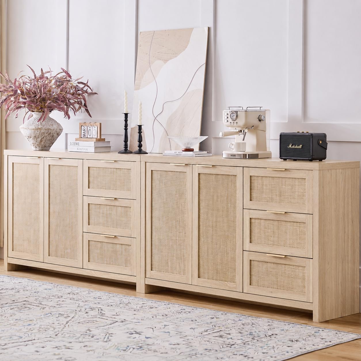 OAKHAM HOME Rattan Sideboard Buffet Cabinet with Storage Storage Credenza with 3 Drawers and 2 Doors, Accent Console Table for Living Room, Hallway or Kitchen Light Weathered Oak