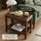 Solid Wood End Table with Storage Shelf, 2-Tier Rustic Side Table for Living Room, Walnut Rubber Wood Sofa Table, Small Space Nightstand or Indoor Plant Stand