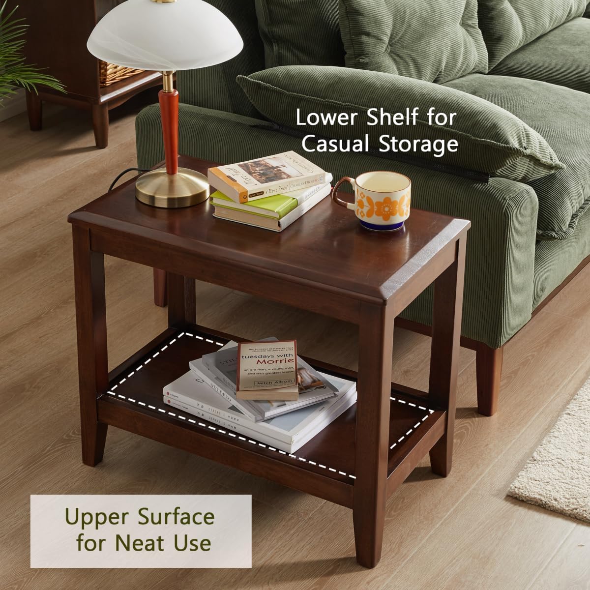 Solid Wood End Table with Storage Shelf, 2-Tier Rustic Side Table for Living Room, Walnut Rubber Wood Sofa Table, Small Space Nightstand or Indoor Plant Stand