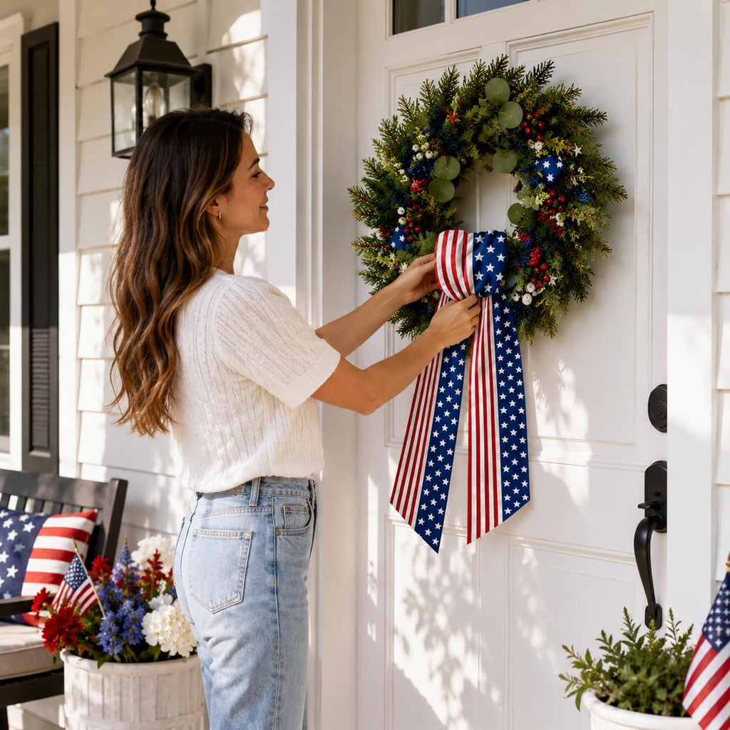 Patriotic Wreath Sash for Front Door, 4.5 x 56 Inch Red White and Blue Stripe Patriotic Wreath Satin Sash for 4th of July Memorial Day Independence Day Porch Decor