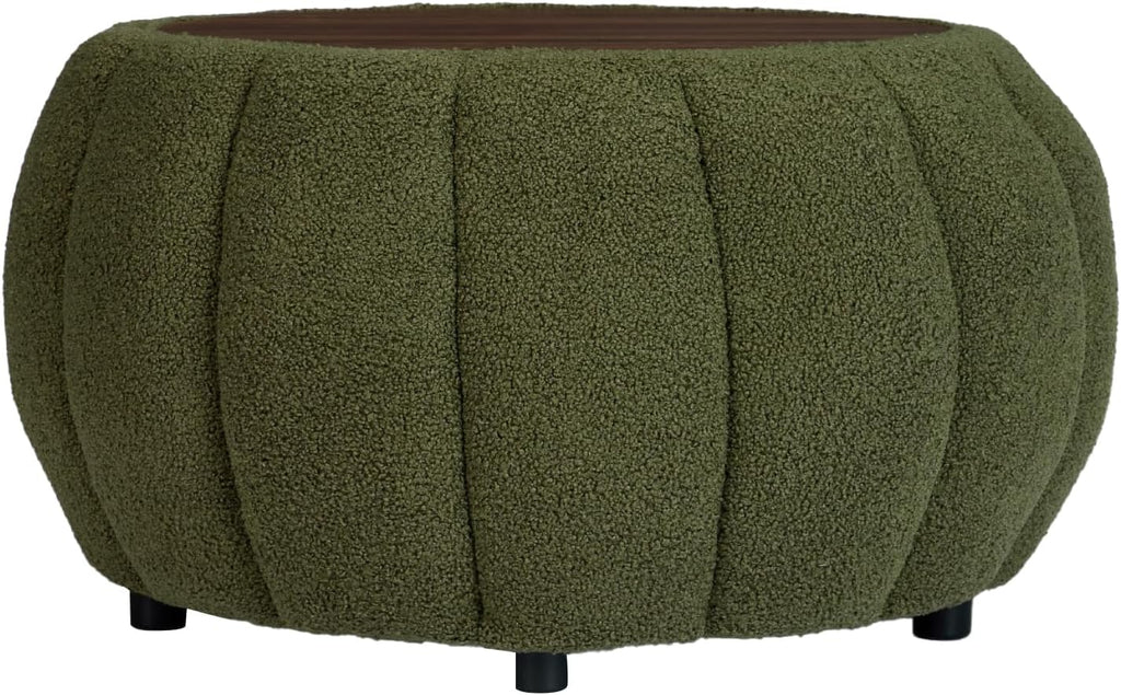 YDcosyfy 30 Inches Round Ottoman Coffee Table with Storage, Upholstered Ottoman in Boucle Teddy Fabric, Wooden Top with Tray, Soft Pumpkin Shape Design,for Living Room, Bedroom, Lounge, Green