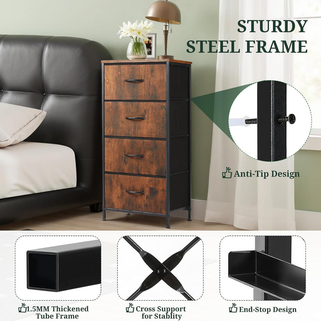 4 Drawers Dresser for Bedroom Fabric Storage Tower with Wooden Top | Steel Frame Tall Chest of Drawers for Closet, Entryway, Dorm, Brown