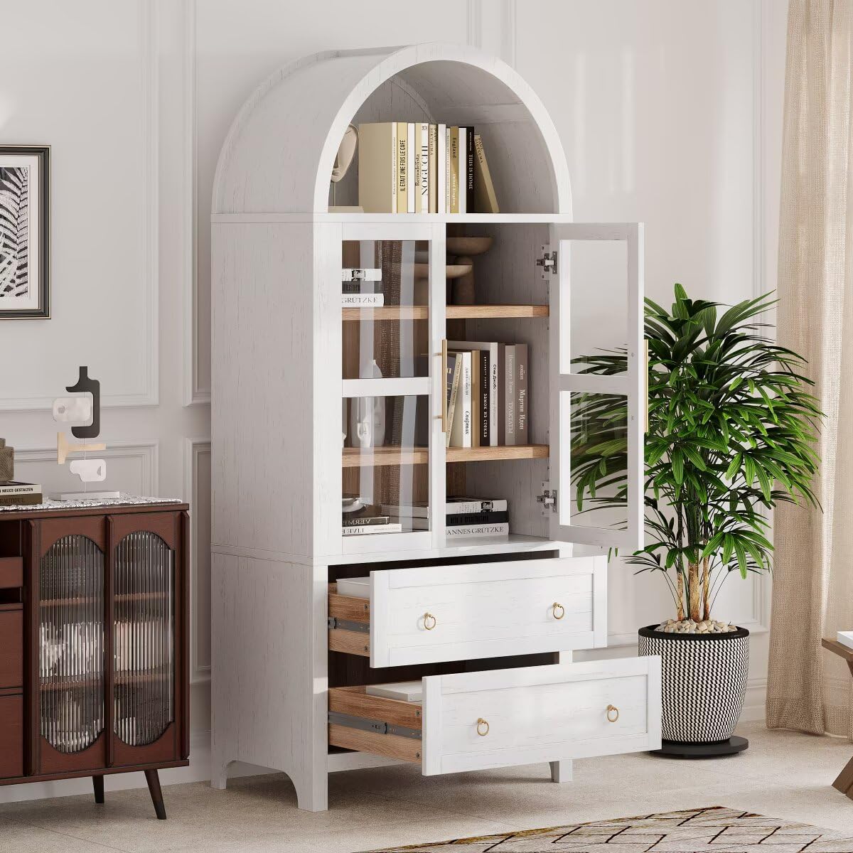 71" Tall Arched Kitchen Pantry Cabinet with 2 Large Drawers, Modern Farmhouse Kitchen Storage Cabinets with Adjustable Shelves, Glass Door, Wood Versatile Cupboard for Kitchens, Dining Room, White