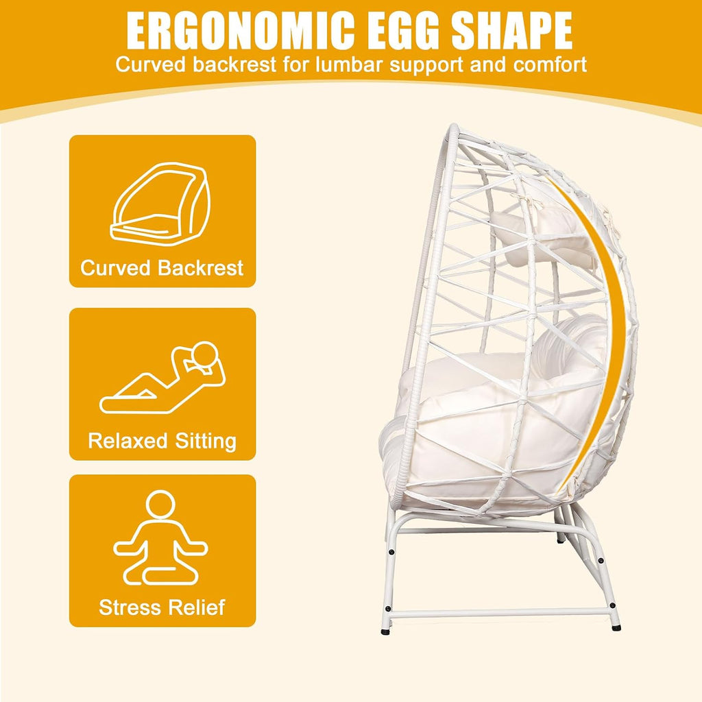 Double Wicker Egg Chair with Ottoman Oversized 2 Person Egg Basket Lounge Chair with Cushion & Footrest, Indoor Outdoor Boho Style Double Egg Chair for Patio Balcony Living Room, White-White